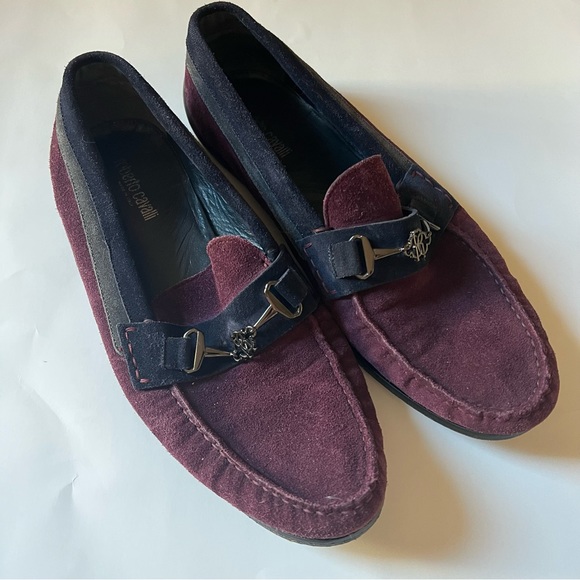 Roberto Cavalli Suede Leather Driving Loafers Purple Blue and Grey